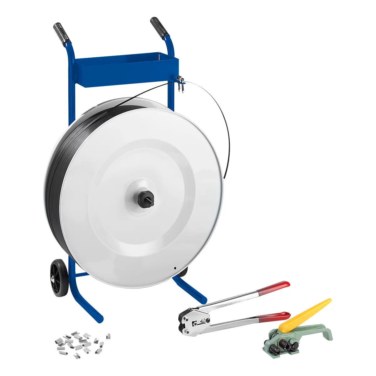 A blue strapping roll stand with band, pliers and fasteners.