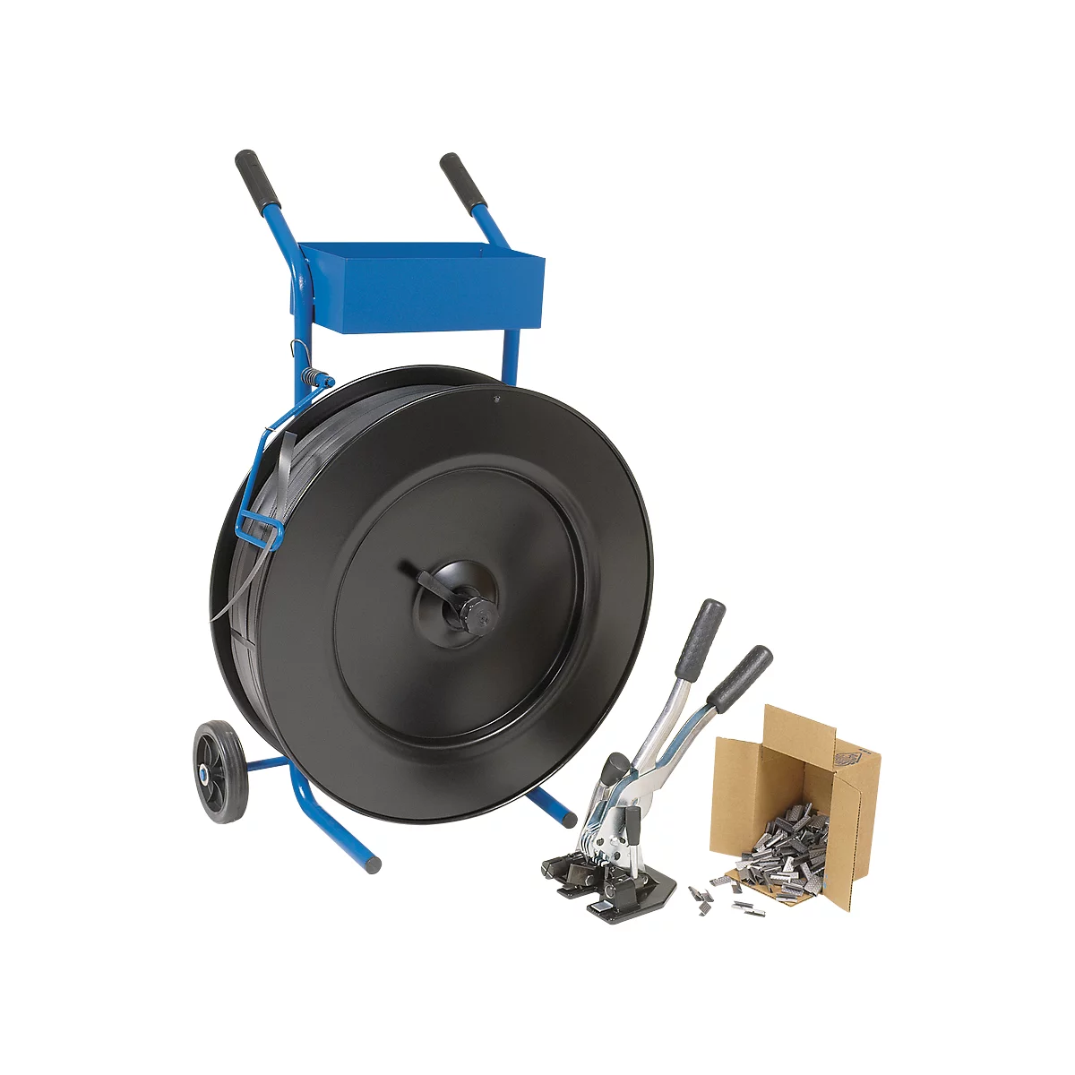 Tool cart with strapping, tensioner and clamps on white background.