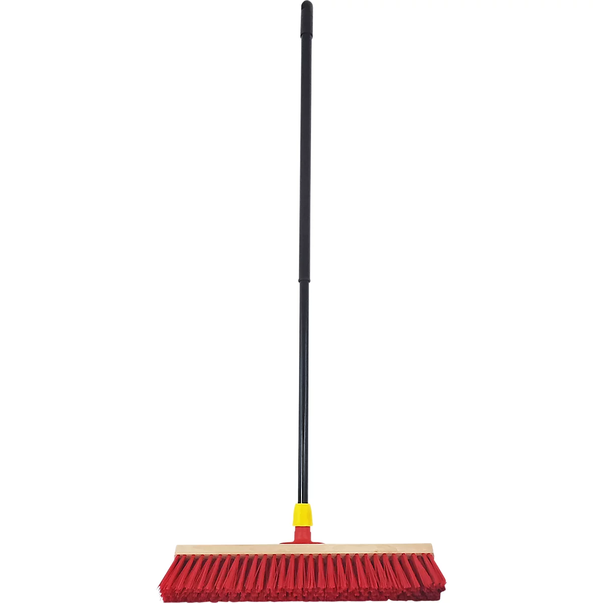 Broom with red brush and black handle.
