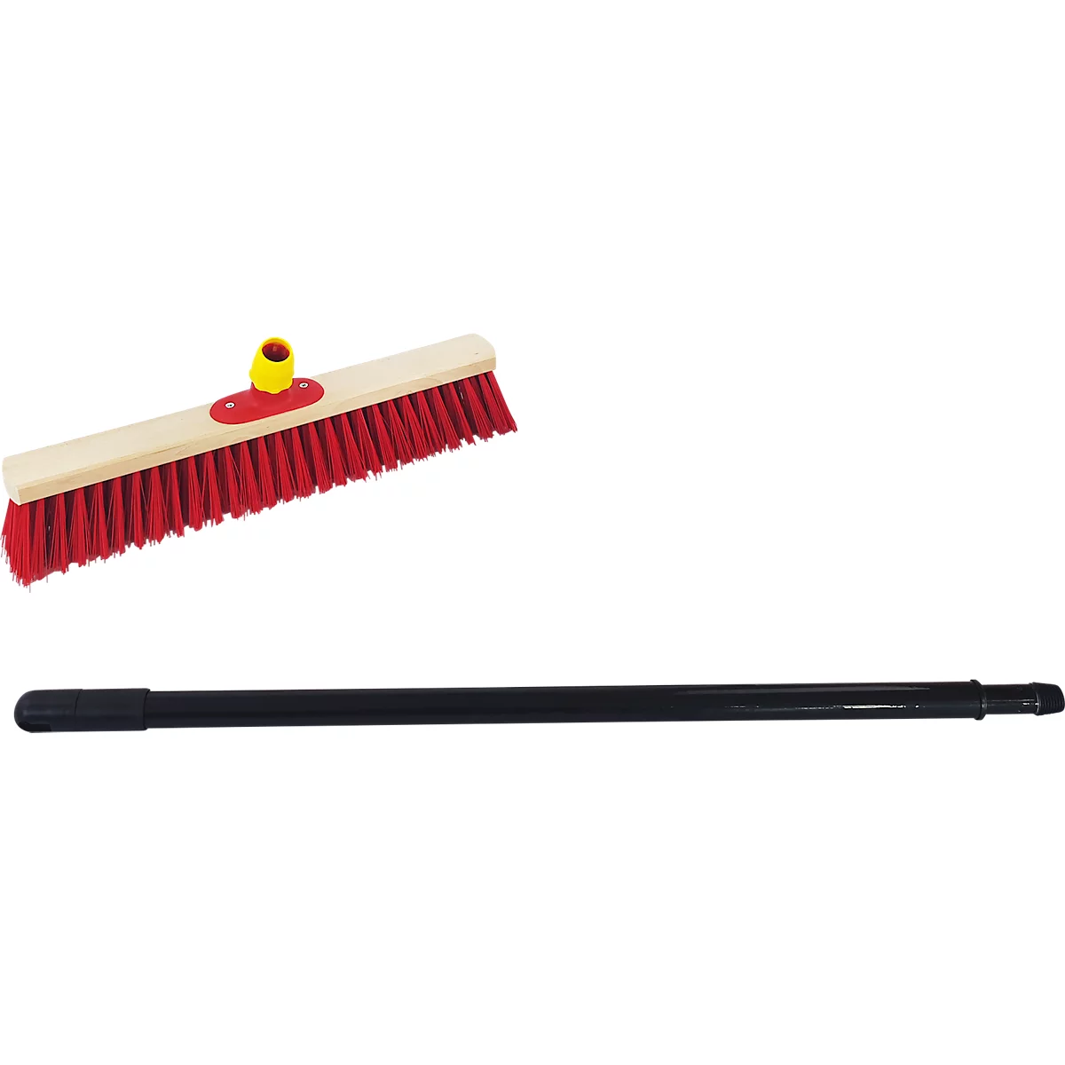Broom with red bristles, light brown wood and black handle. Yellow element on the brush head.
