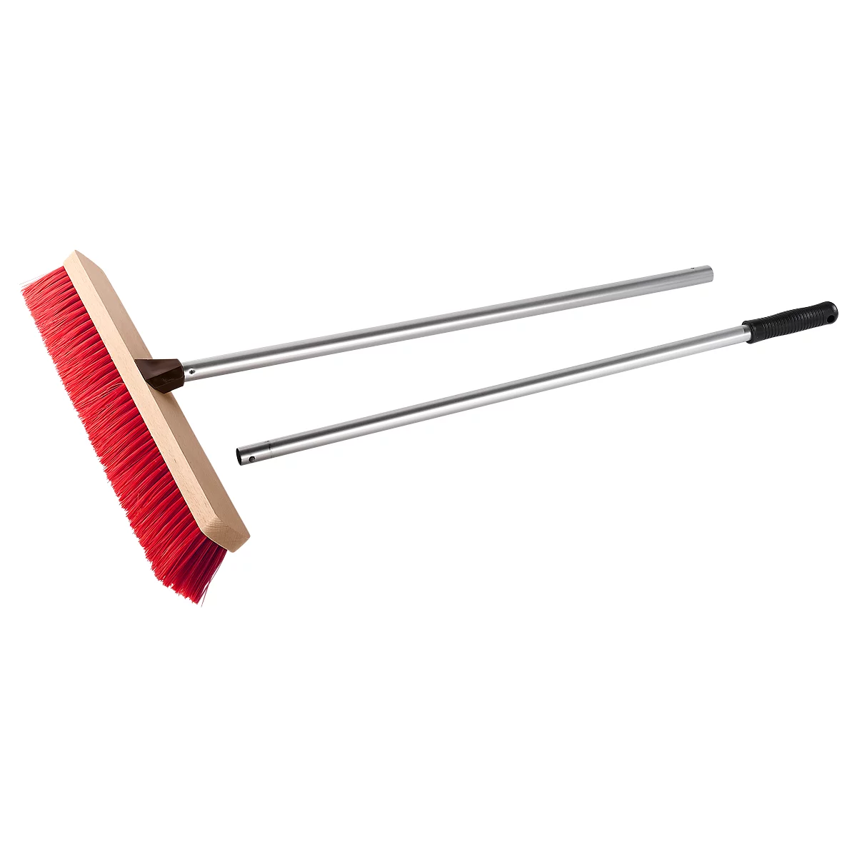 Broom with red bristle head and silver handle, black grip.