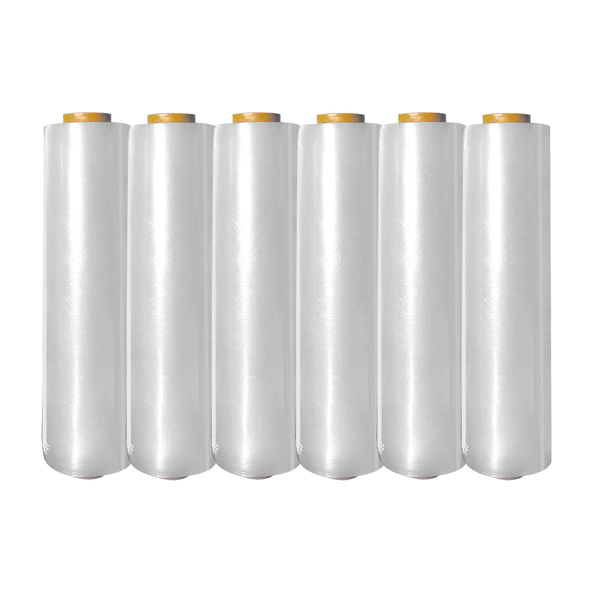 Six rolls of cling film. Yellow on top, transparent elsewhere.