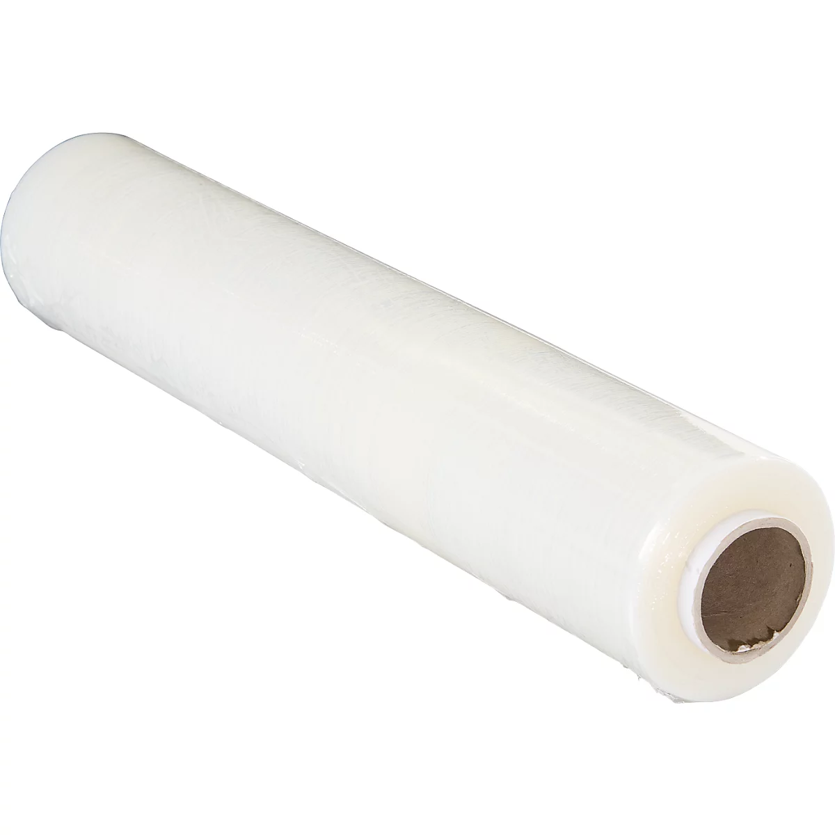 A roll of transparent cling film. The cardboard core is visible.