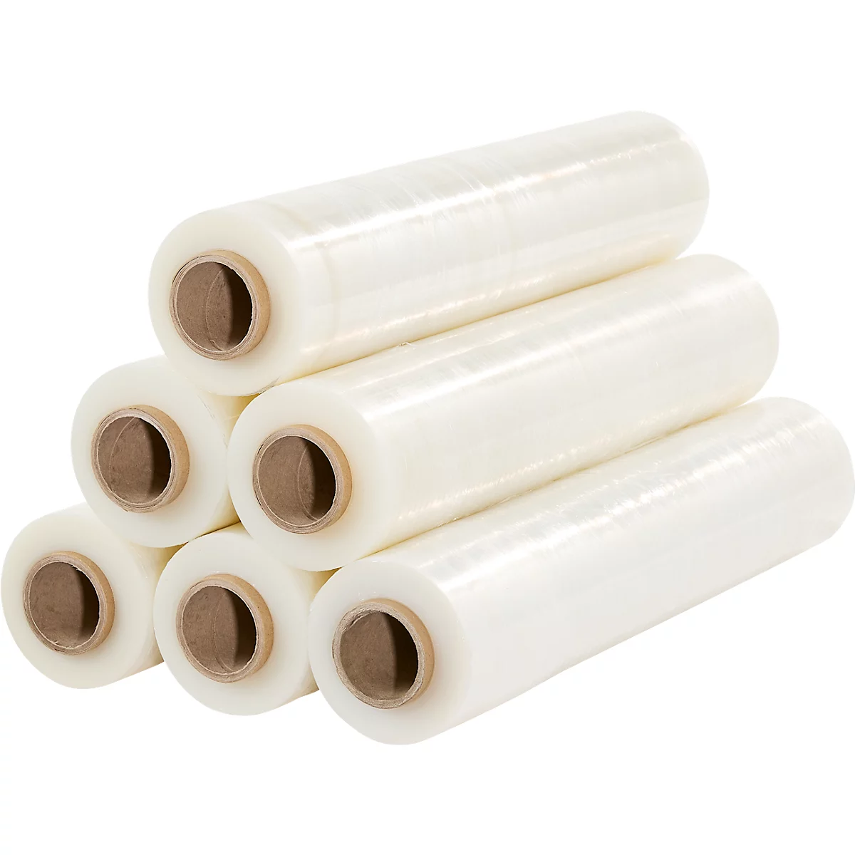 Stacked rolls of transparent stretch film, brown cardboard cores. Front angle view.