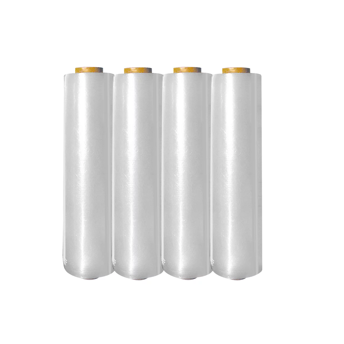 Four transparent rolls of stretch film on a white background.