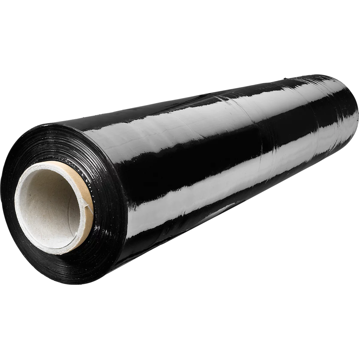 Zwarte rol stretchfolie met witte binnenrol.