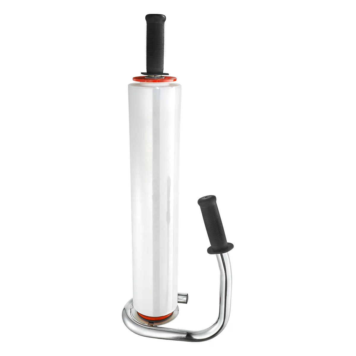 Verpackungsroller mit schwarzem Griff, Plastikfolie und Metallrahmen.
