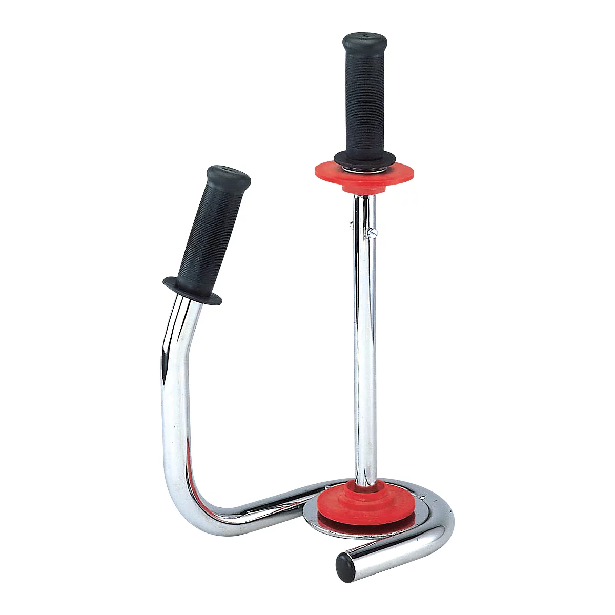 Eine Verpackungsmaschine mit zwei schwarzen Griffen und einer roten Halterung.