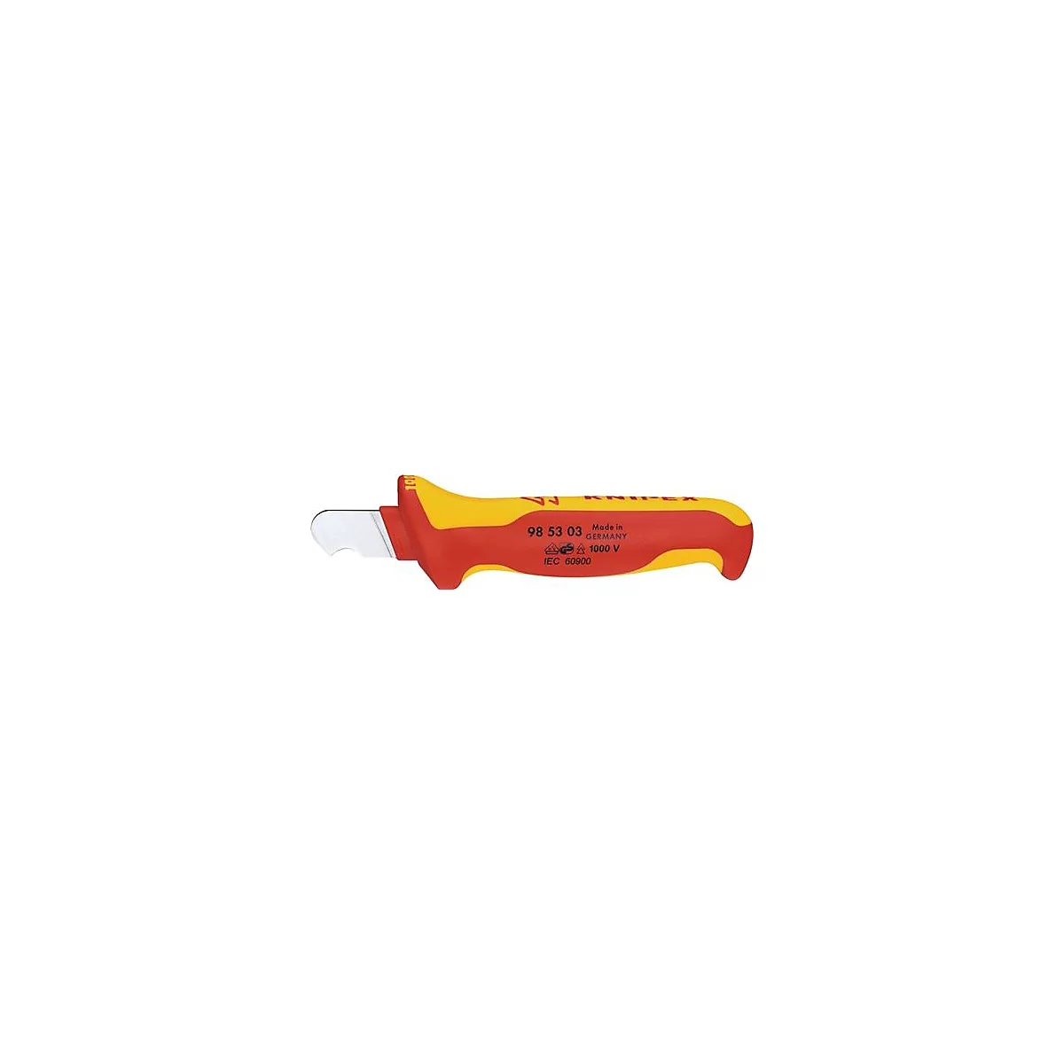Geïsoleerde draadstripper in rood en geel, met gegraveerd productnummer en specificaties.