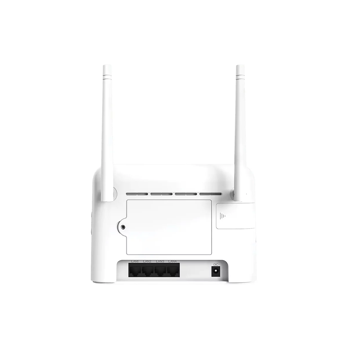Rückseite eines weißen WLAN-Routers mit zwei Antennen, vier LAN-Anschlüssen und einem Stromanschluss.