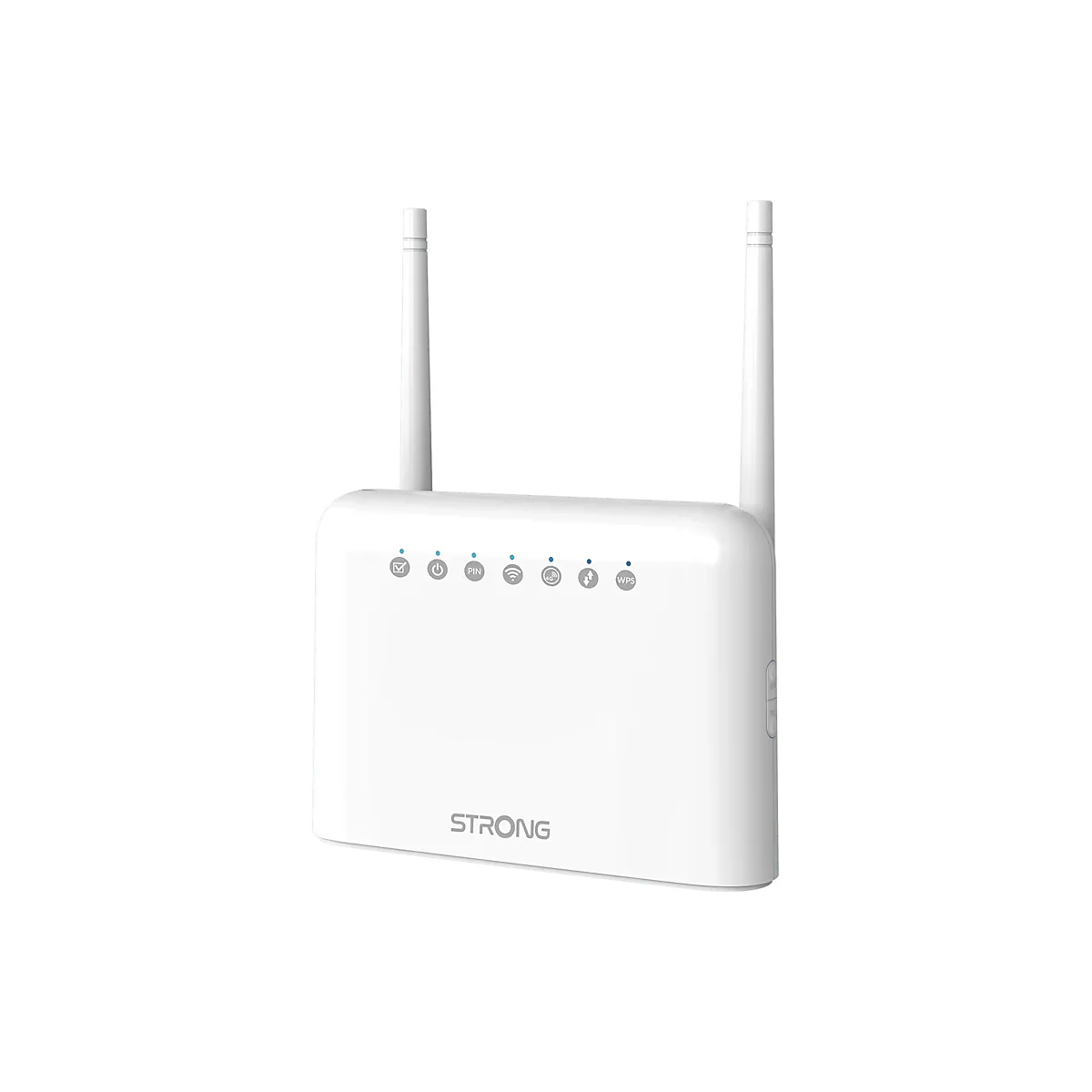 Weißer 4G-LTE-Router von Strong mit zwei Antennen und LED-Anzeigen auf der Front.
