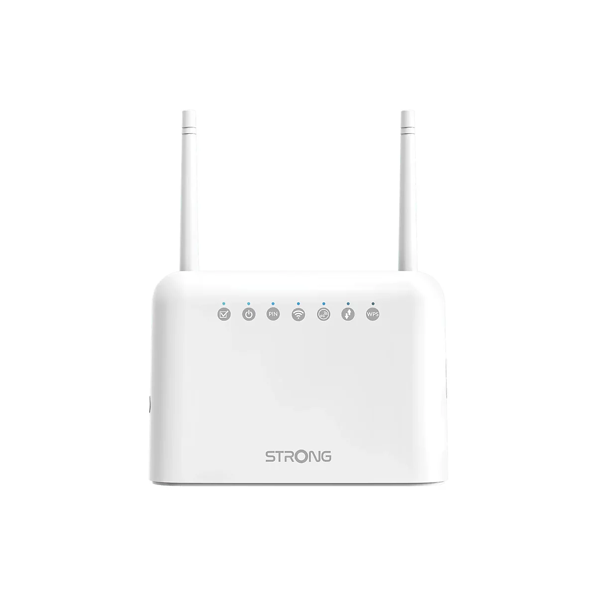 Weißer Strong LTE-Router mit zwei Antennen und Status-LEDs auf der Vorderseite.
