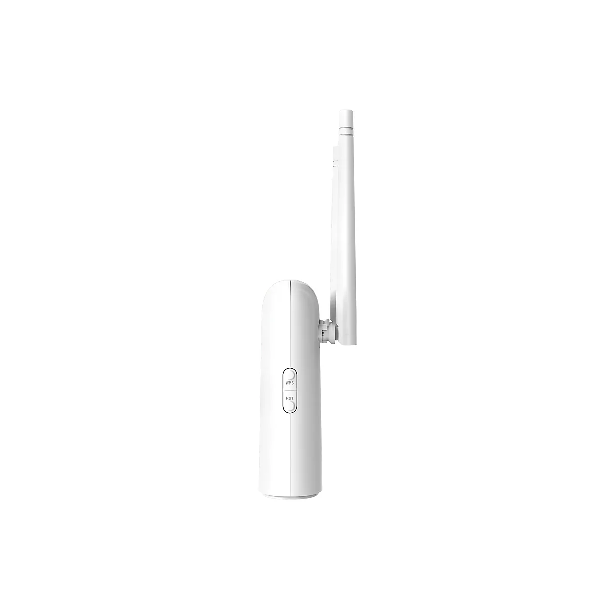 Weißer WLAN-Repeater mit einer Antenne, WPS- und Reset-Taste auf der Vorderseite.