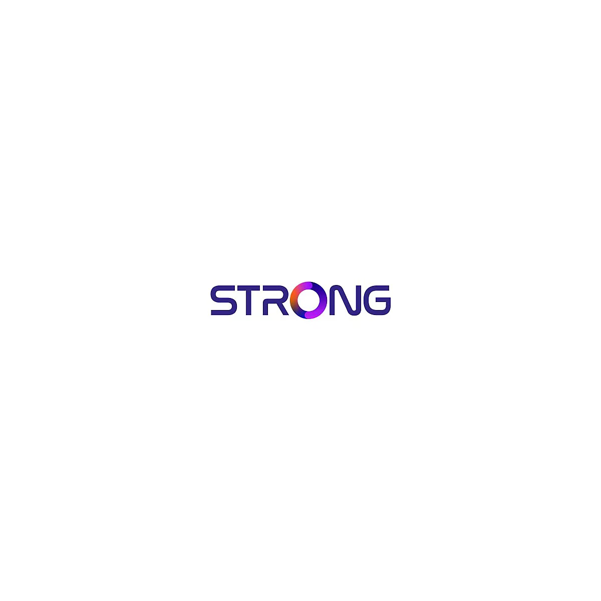 Das Wort STRONG in dunkellila Schrift, bei dem das O als farbiger Farbverlaufskreis dargestellt ist.