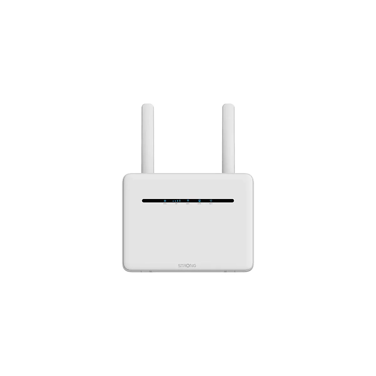 Weißer Strong WLAN-Router mit zwei Antennen und leuchtenden Status-LEDs auf der Vorderseite.