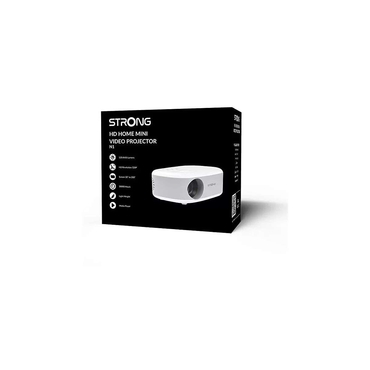 Ein weißer, kompakter Strong Mini-Projektor steht vor seiner schwarzen Verpackung mit technischen Daten.