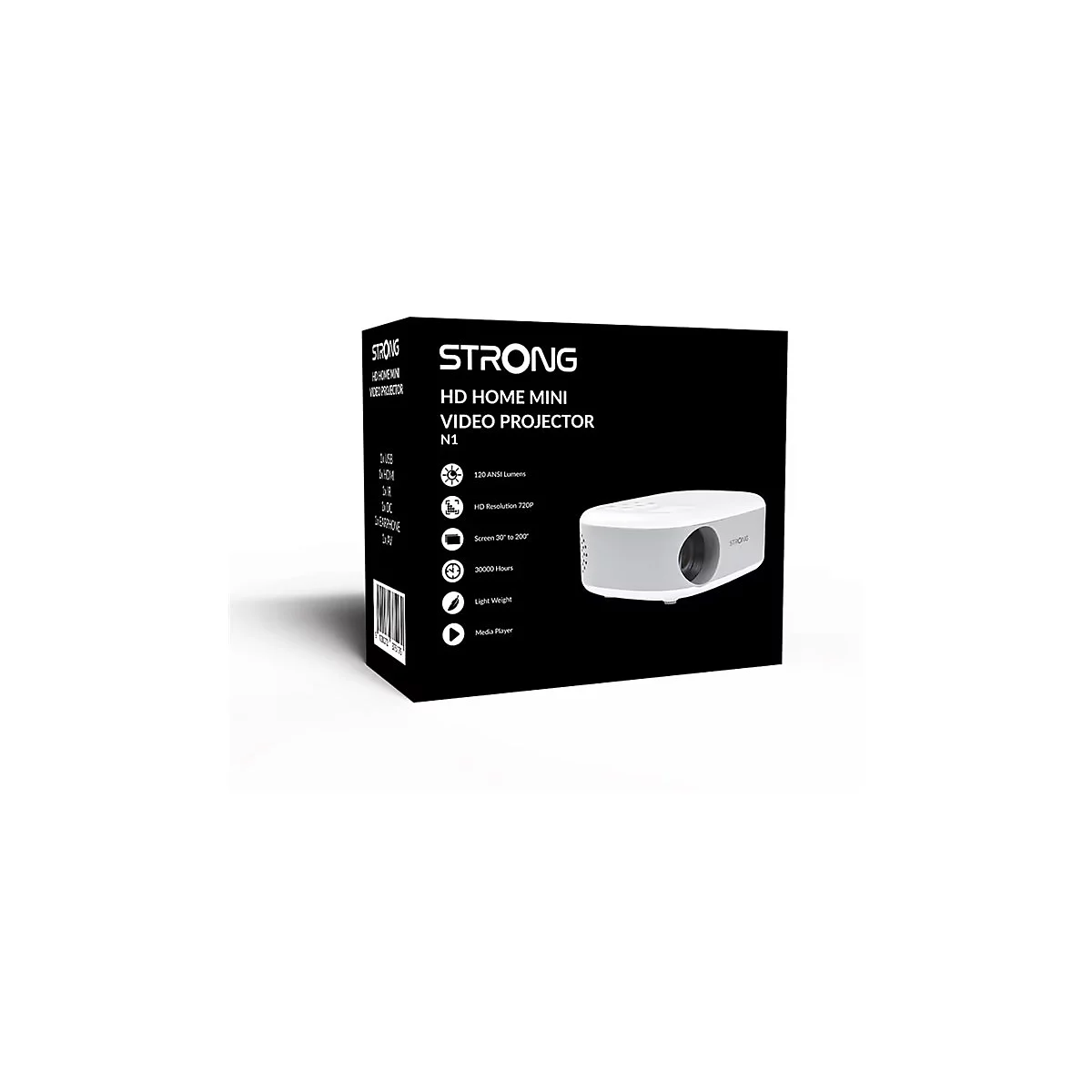 Produktverpackung für den Strong HD Home Mini Video Projektor N1 mit weißem Gerät auf schwarzem Karton.