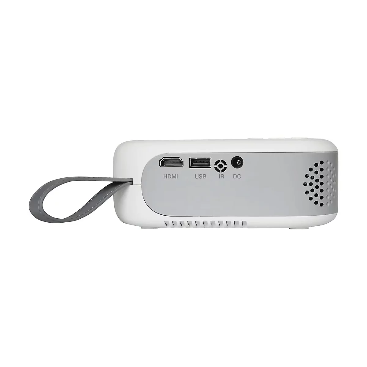 Rückseite eines weißen Miniprojektors mit HDMI-, USB-, IR- und DC-Anschlüssen sowie einer grauen Trageschlaufe.