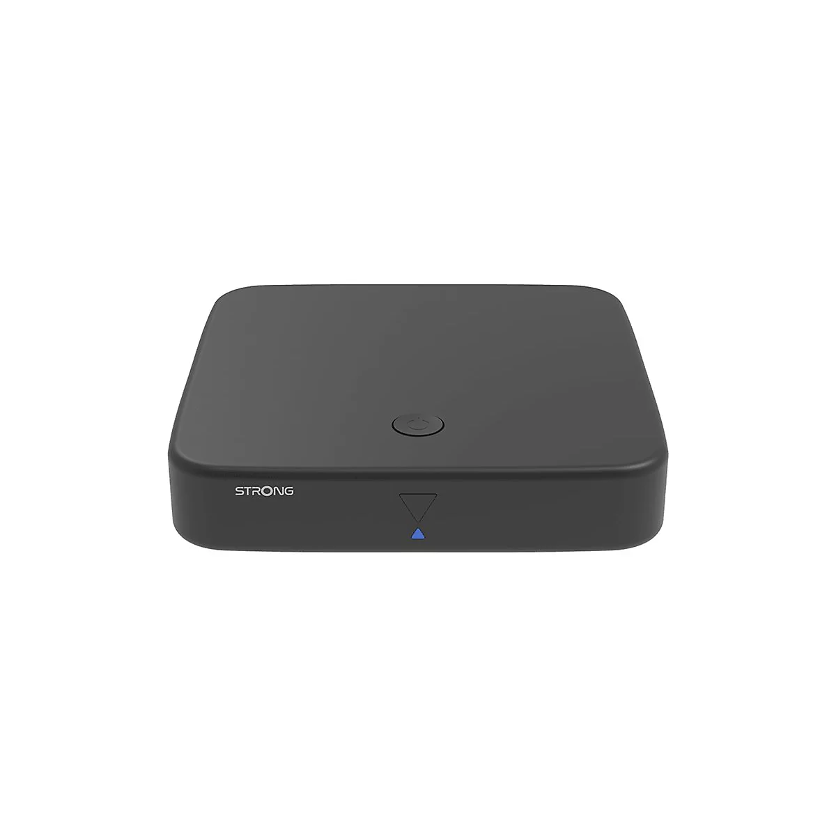 Schwarze, flache Strong Streaming-Box mit Power-Taste und leuchtend blauem Dreieck auf weißem Hintergrund.