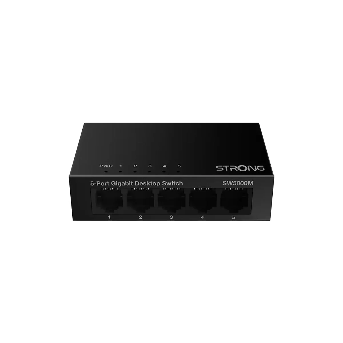 Schwarzer Netzwerkswitch, 5-Port Gigabit Desktop Switch. Aufschrift: STRONG SW5000M, PWR, 1, 2, 3, 4, 5.