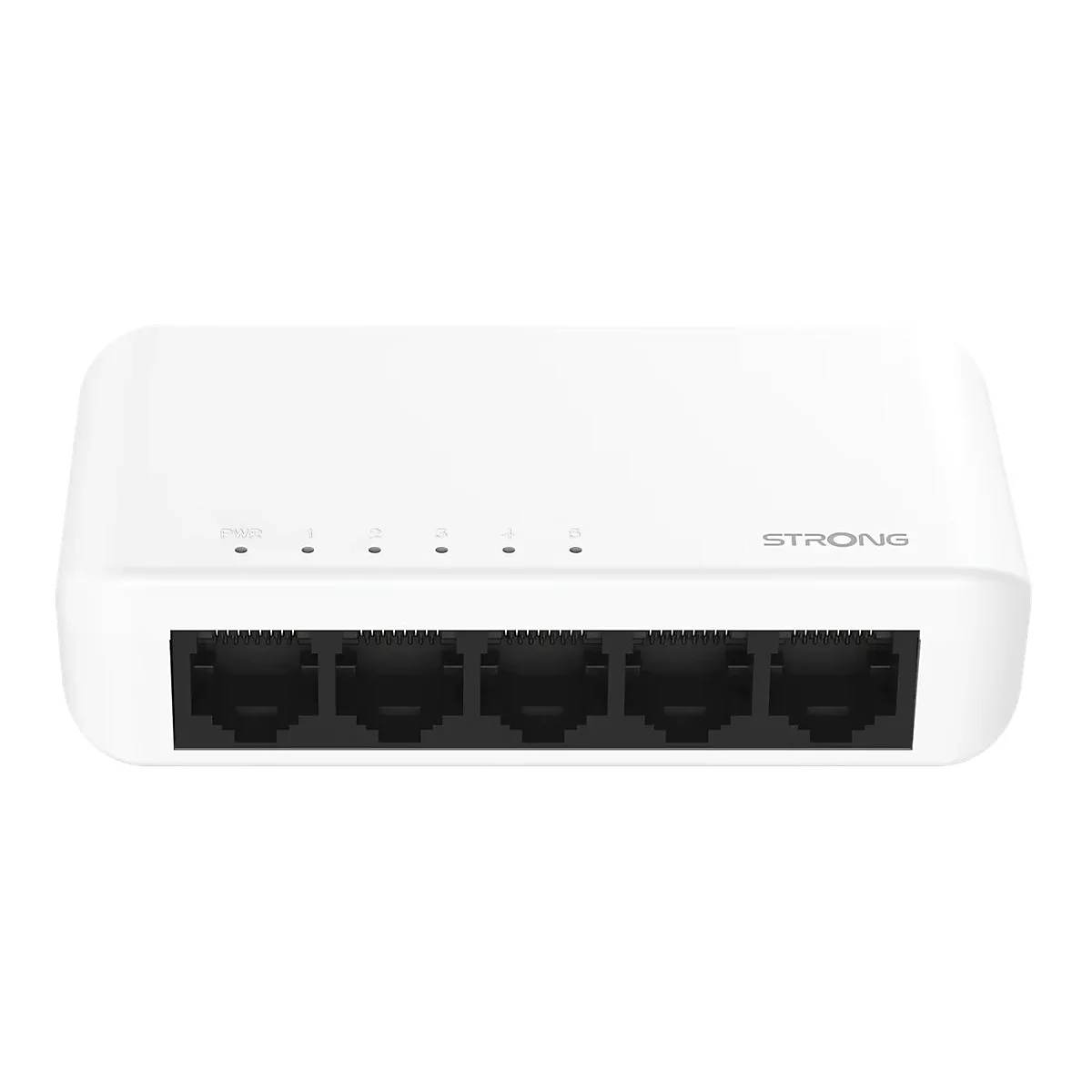 Weißer 5-Port-Netzwerk-Switch von STRONG vor weißem Hintergrund mit fünf schwarzen Ethernet-Anschlüssen an der Front.