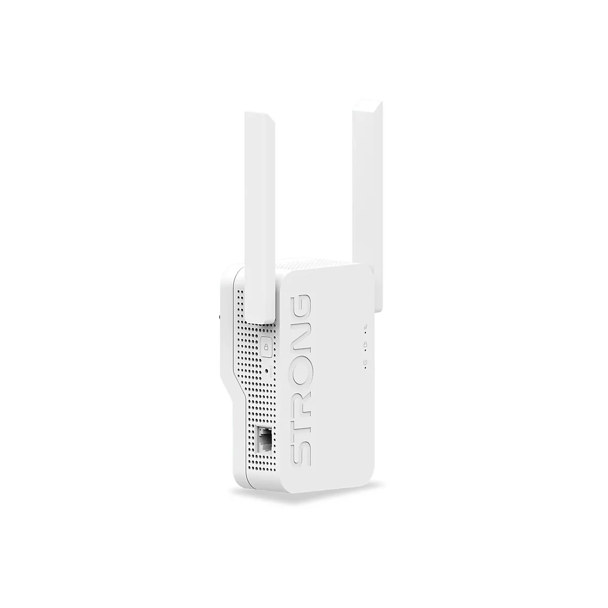 Weißer Strong WLAN-Repeater mit zwei Antennen und seitlichem LAN-Anschluss vor weißem Hintergrund.
