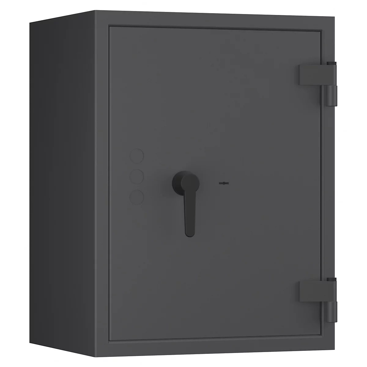 Dark grey safe with handle and round buttons. The logo can be seen on the door.