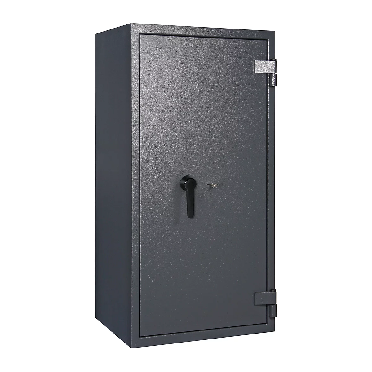 Grey safe against a neutral background. Visible: door, handle, hinges.