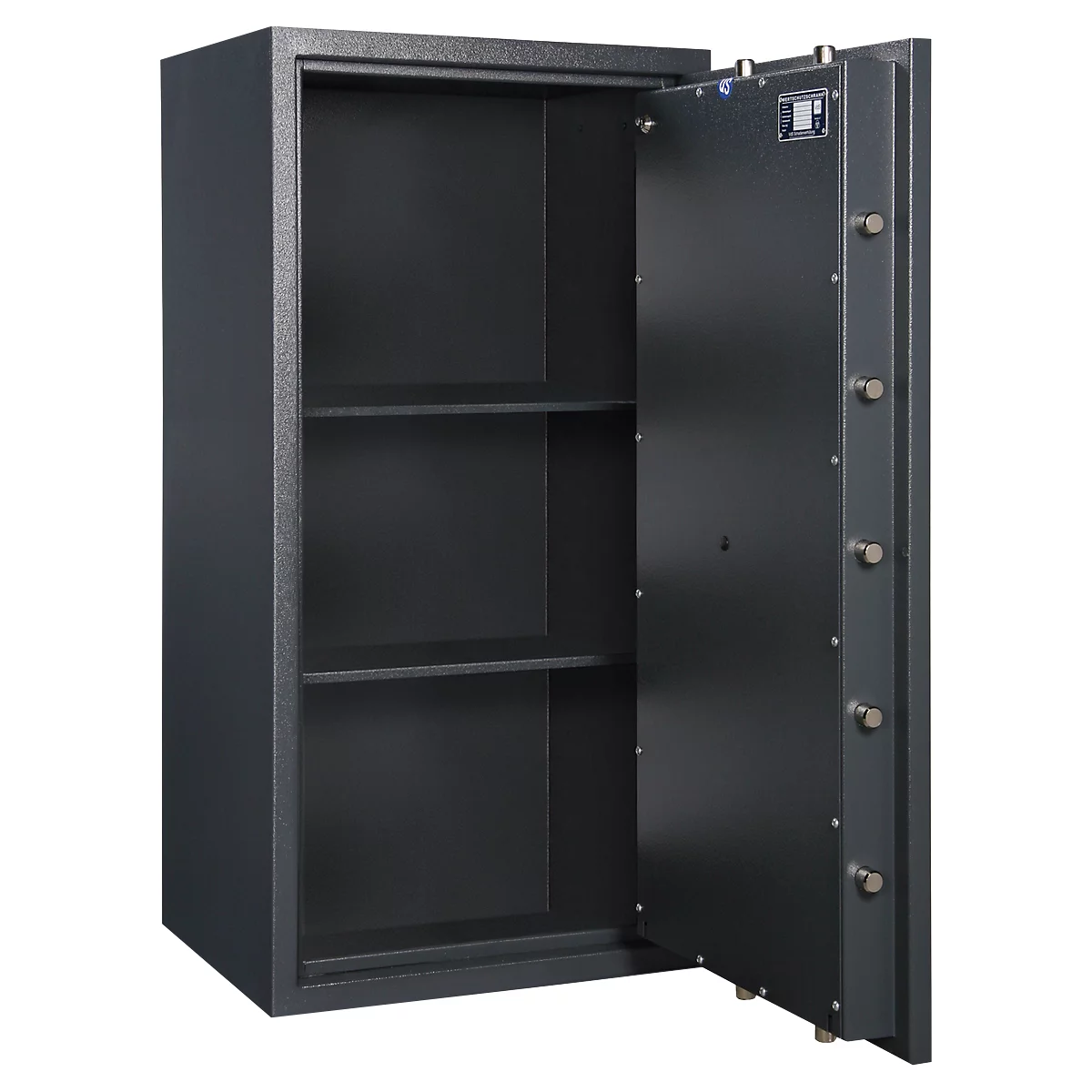 An open, grey safe with two shelves. The door is open, showing the inside of the safe.