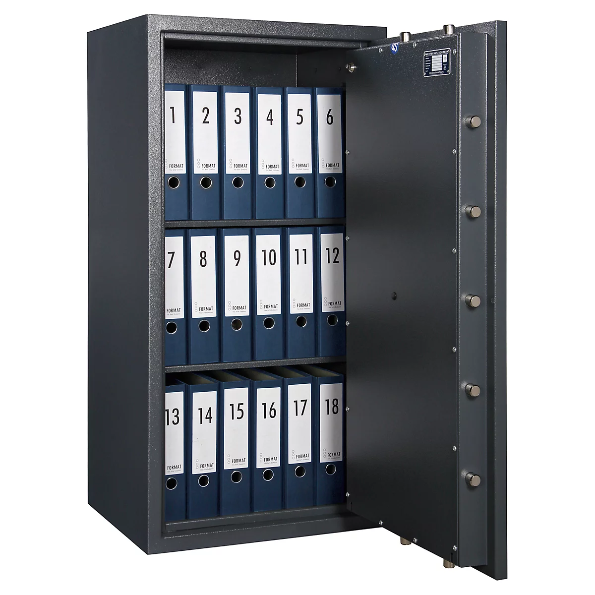 Open safe with file folders. Gray doors, blue folders with white labels and black numbers from 1 to 18.