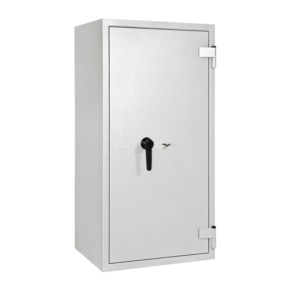 A grey safe with black handle and key. Hinges and edges are visible.