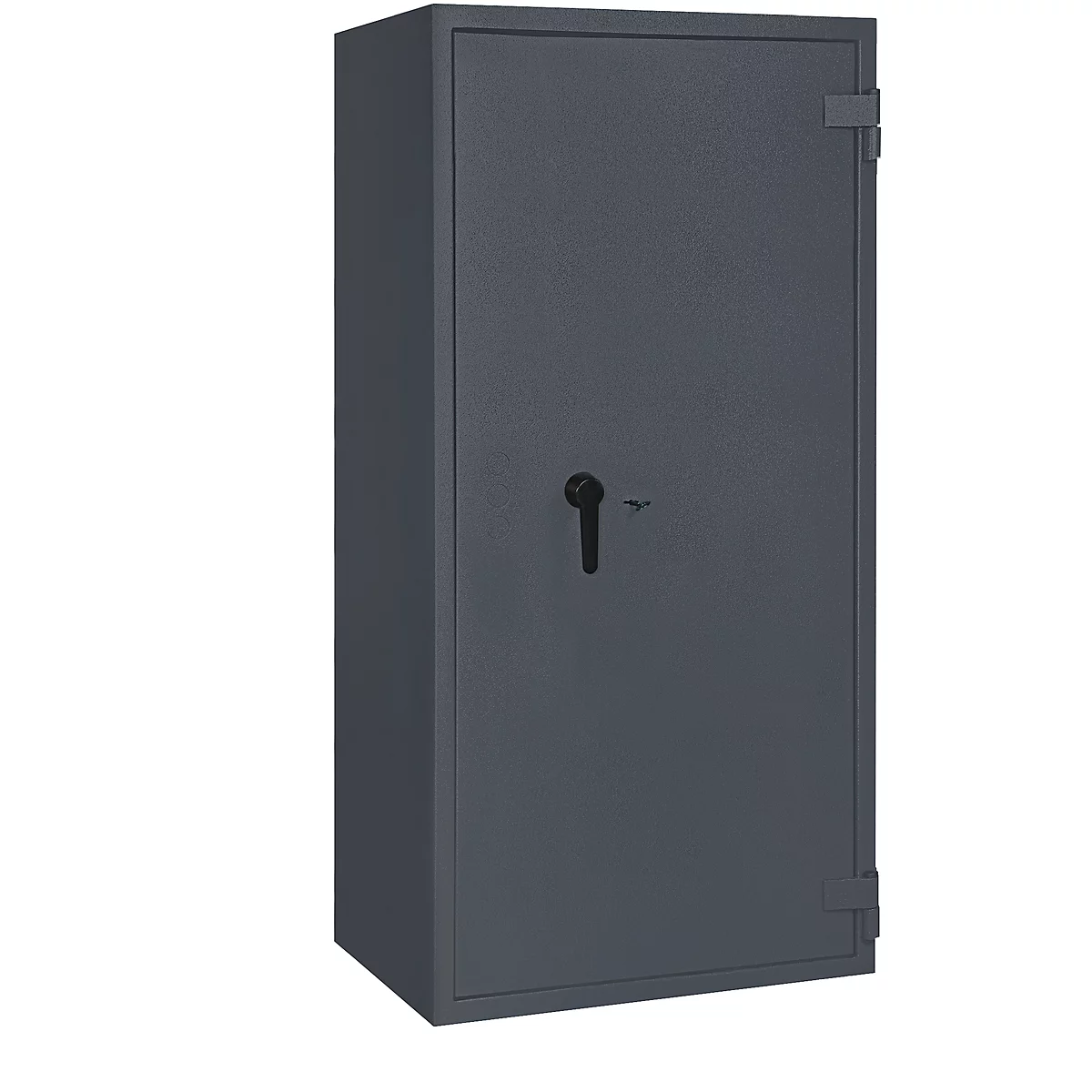 Dark gray safe against a white background. The safe has a black handle and a rectangular shape.