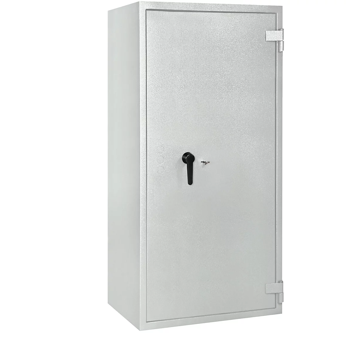 Grey safe with black handle. Door with hinges and lock.