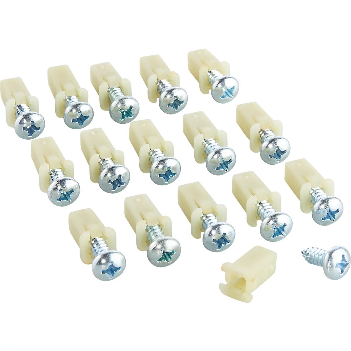 Close-up van pluggen en schroeven; beige pluggen met zilveren schroeven.