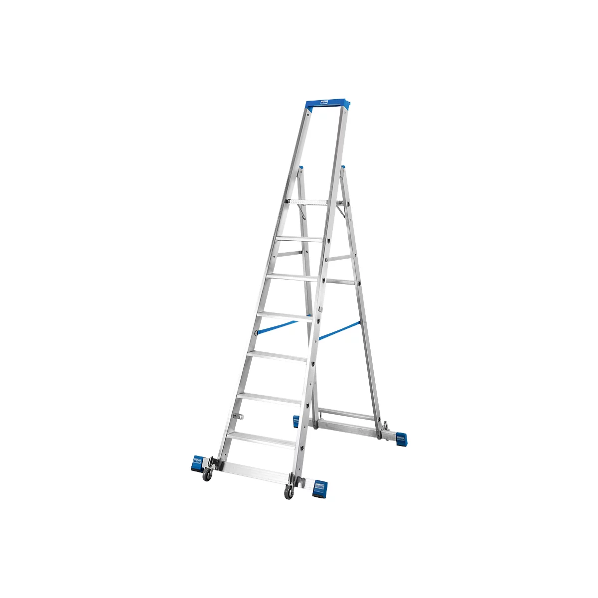 Stufenstehleiter, mit 7 Stufen, Aluminium, fahrbar mit Traverse