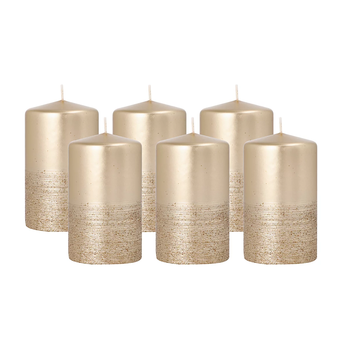 Stumpenkerze Papstar Safe Candle, bis zu 36 h, selbstlöschend, Ø 60 x H 100 mm, Paraffin, gold, 6 Stück