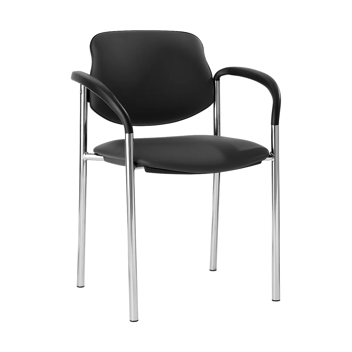 Black chair with armrests and silver legs against a white background.