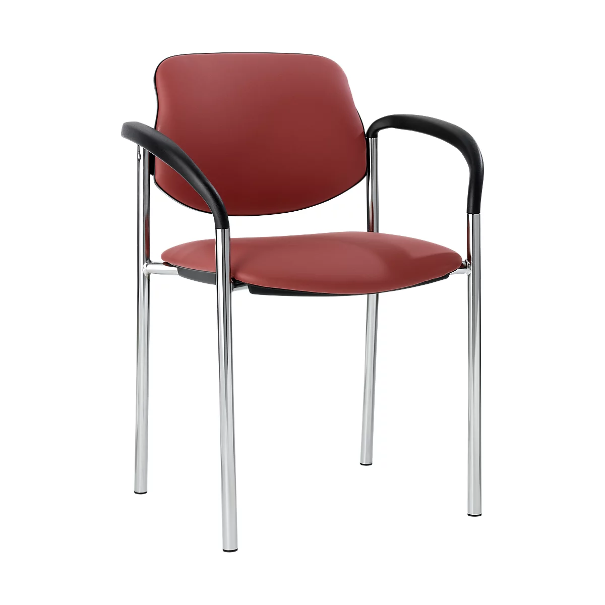 A red chair with a black frame and armrests. The legs are silver.