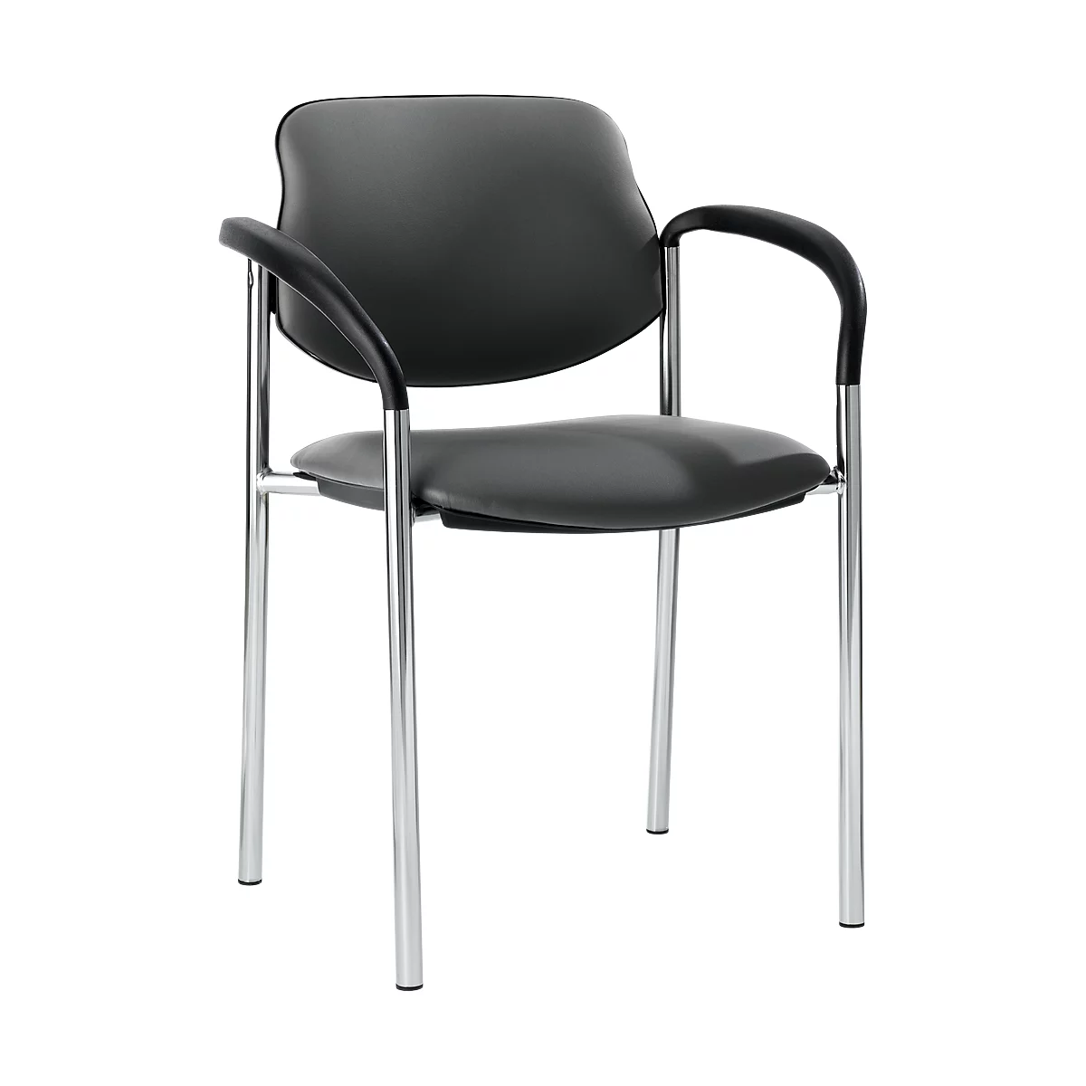 Black chair with armrests and silver legs. Seat and backrest are made of smooth material.