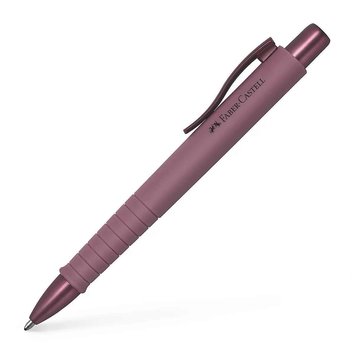 Un stylo à bille rose de Faber-Castell avec clip et encoches de prise, perspective diagonale.