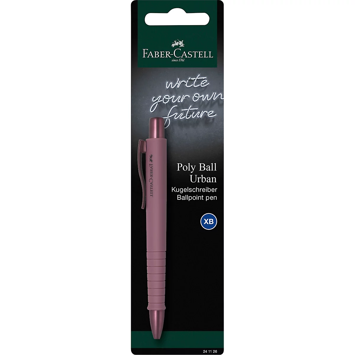 Stylo bille Faber-Castell Poly Ball Urban rose, sur fond noir, texte : "write your own future".