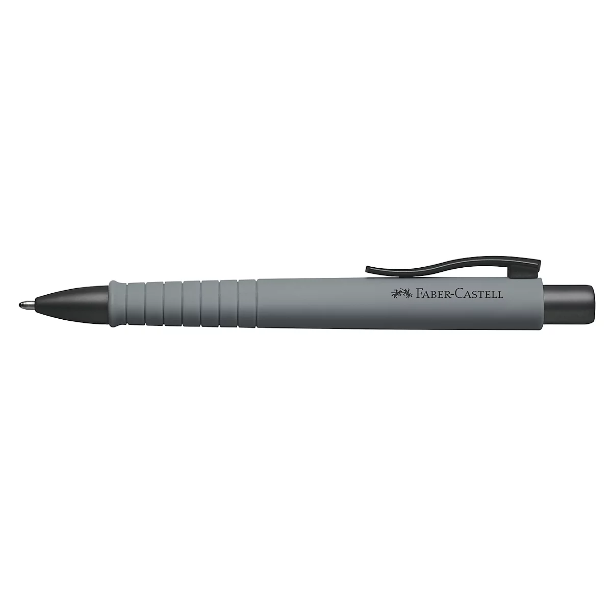 Stylo à bille gris avec clip noir. Lettrage de la marque Faber Castell.