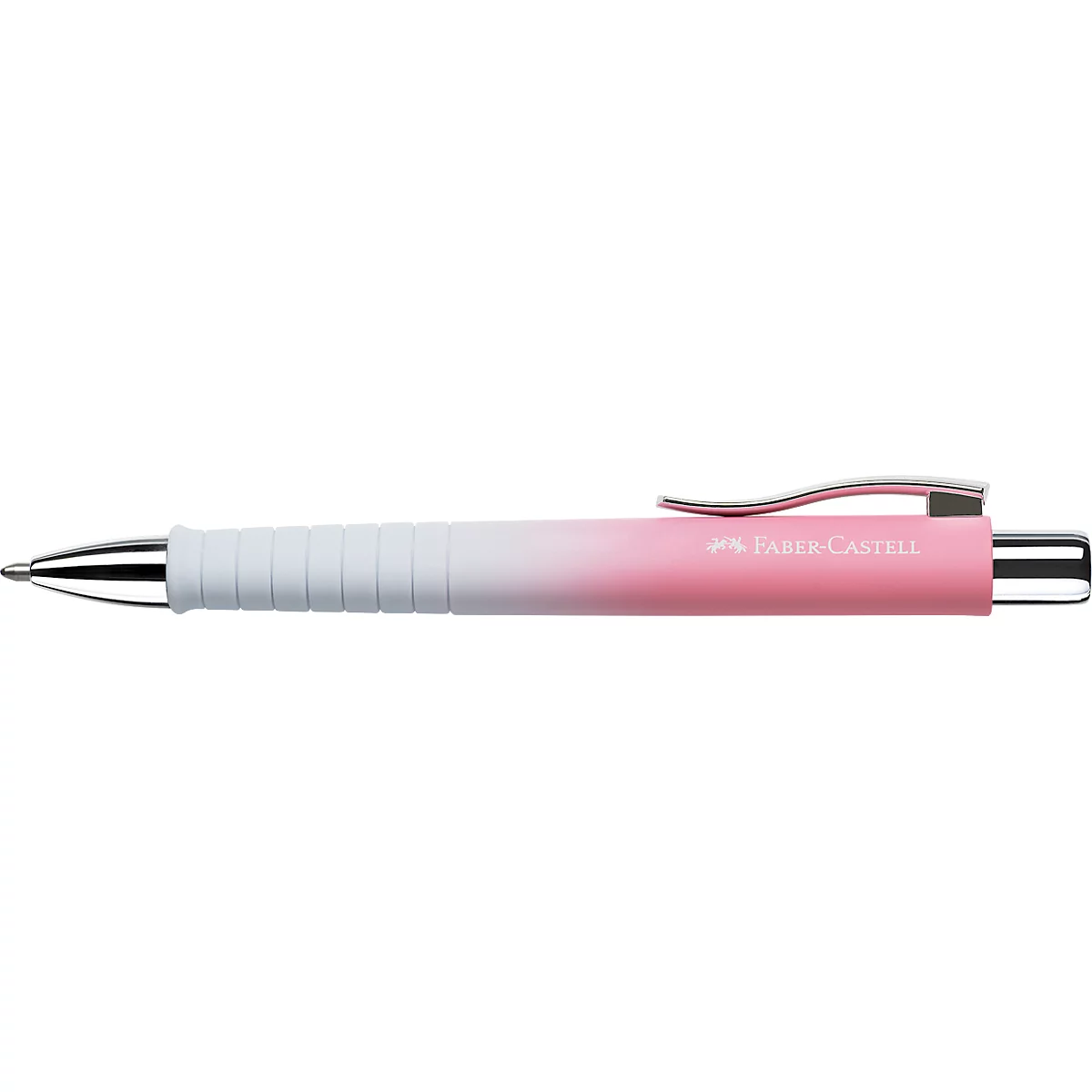 Un stylo à bille avec un dégradé blanc-rose. Le stylo a un clip argenté et l'inscription Faber-Castell.
