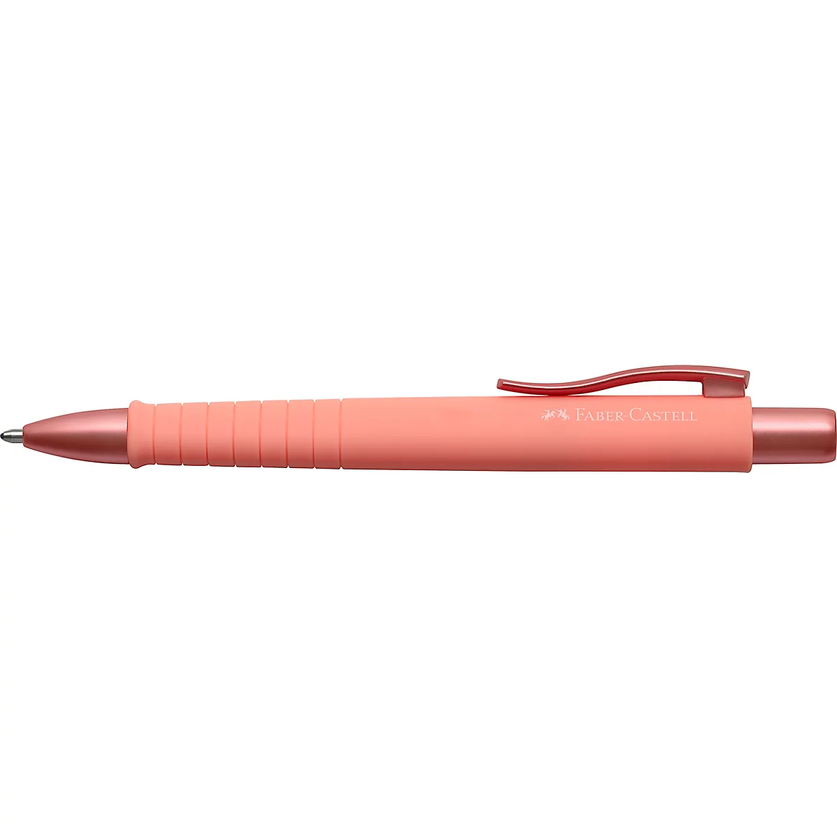 Un stylo à bille rose est posé sur fond blanc. Le stylo a un clip et le logo Faber-Castell.