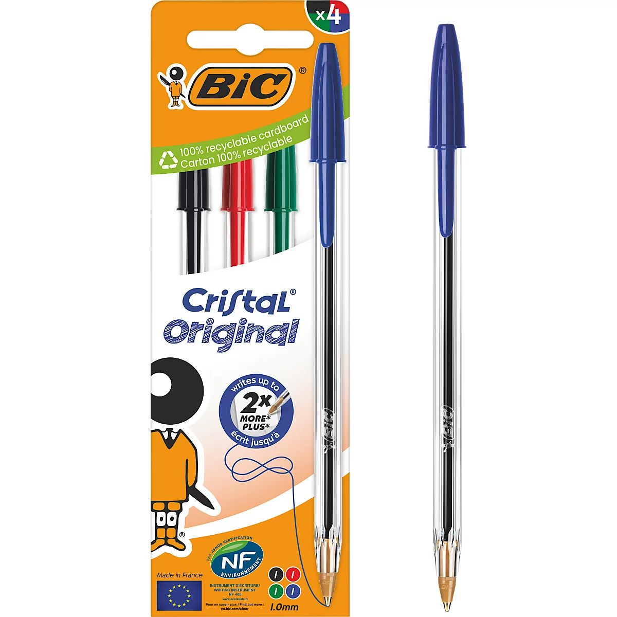 Stylo à bille BIC Cristal Original Farbmix, boîte de 4, 1,0 mm, pointe moyenne