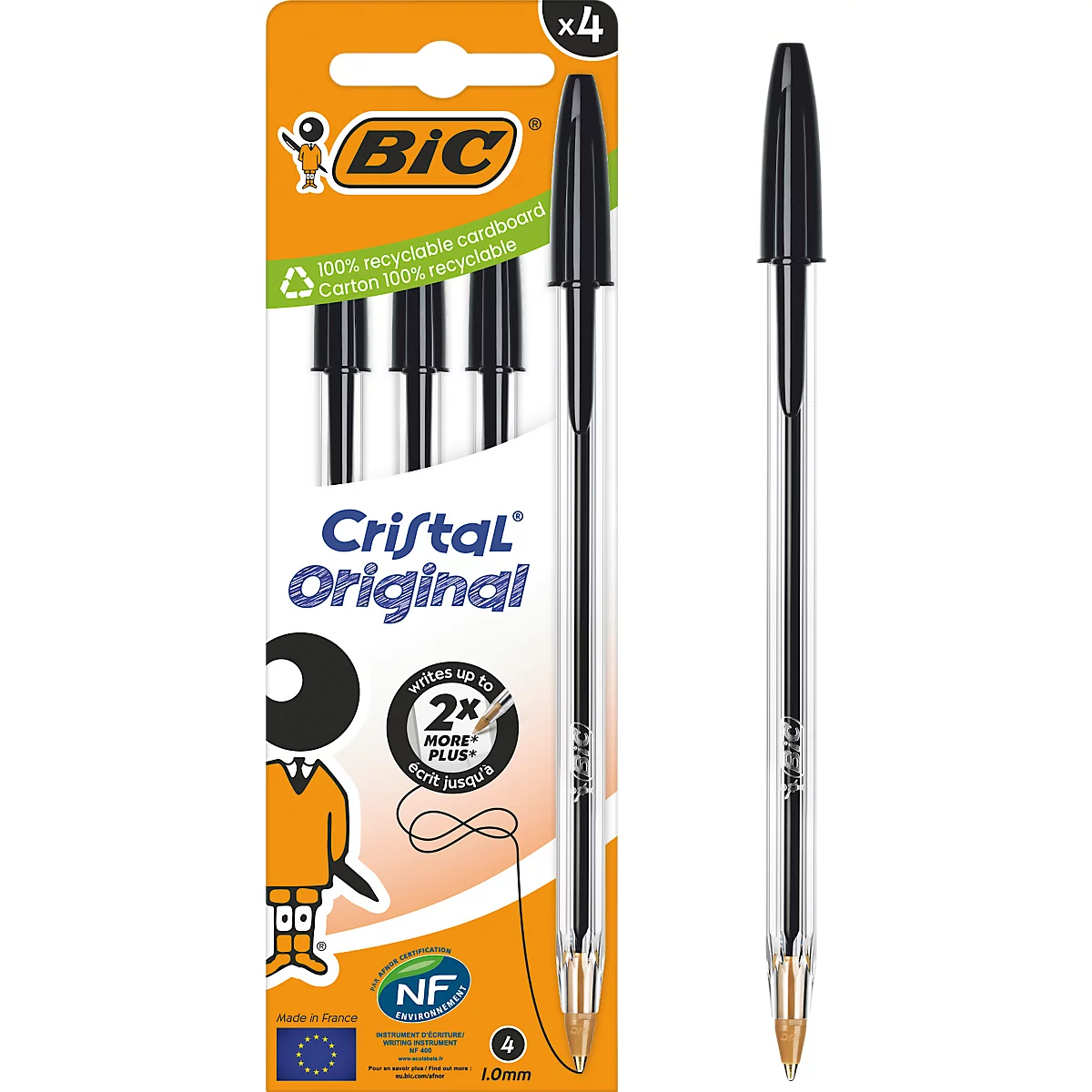 Stylo à bille BIC Cristal Original Noir, boîte de 4, 1,0 mm, pointe moyenne