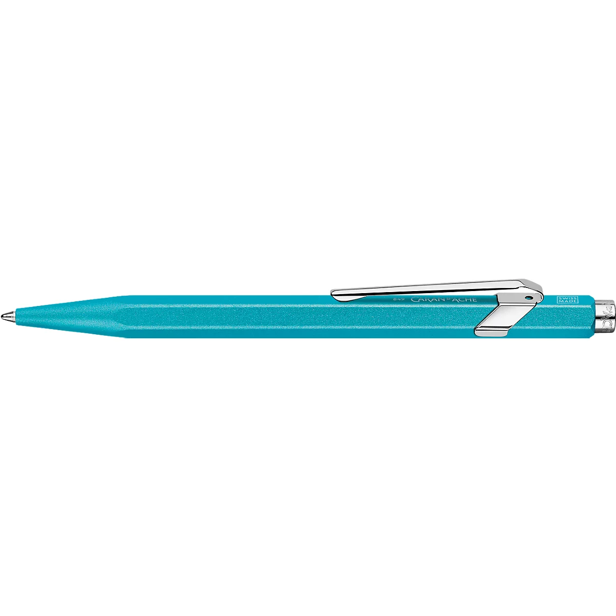 Stylo à bille turquoise, clip en métal, fond blanc.