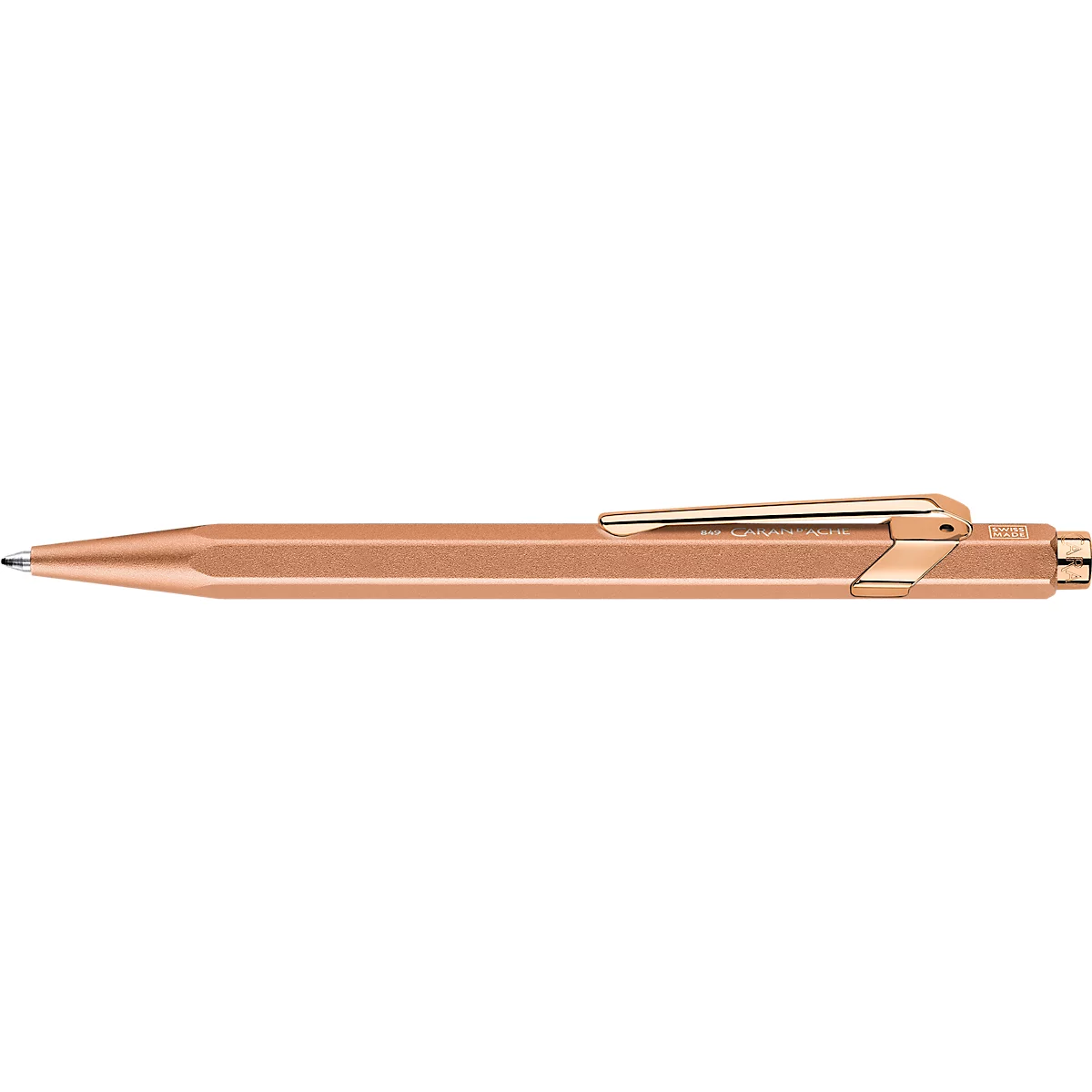 Gros plan d'un stylo à bille de couleur cuivre, avec clip et bague décorative.