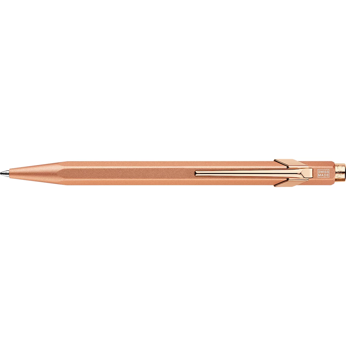 Stylo à bille en métal rose. Le clip est de couleur or.