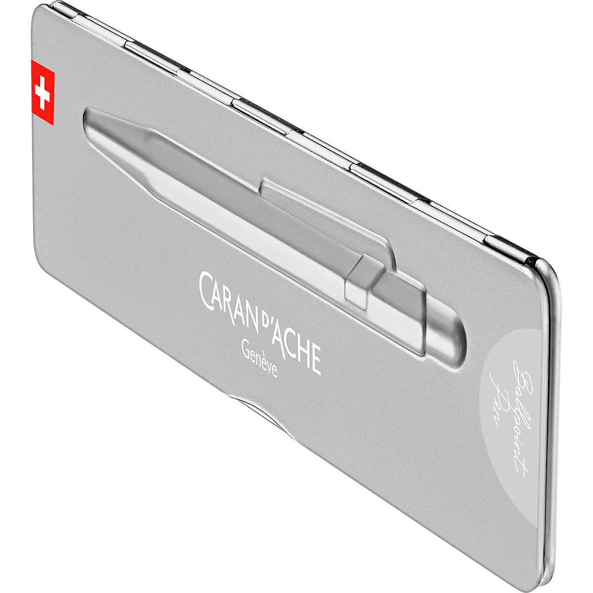 Coffret de stylo argenté avec stylo à bille Caran d'Ache. Croix suisse, lettrage et "Stylo à bille" visibles.